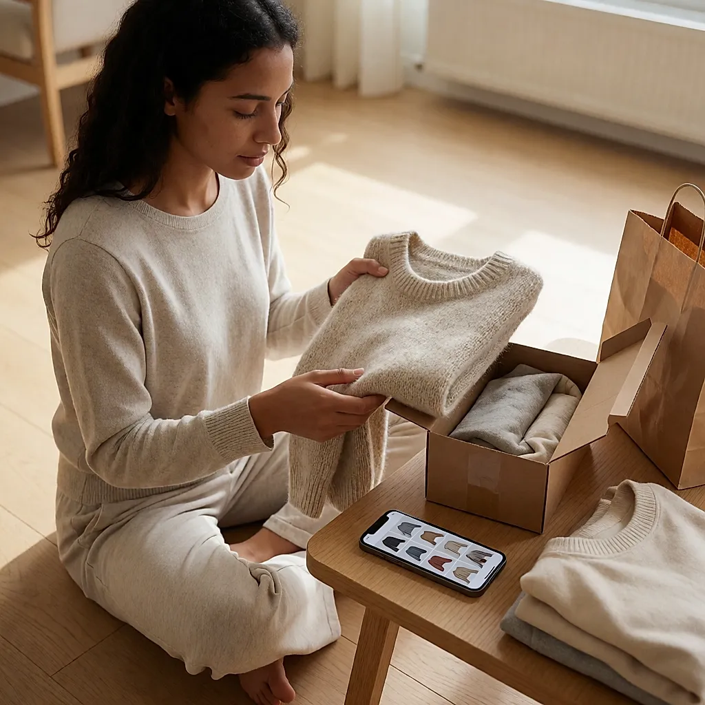 Une jeune femme ouvre un colis de vêtements de seconde main et tient une maille douce devant elle