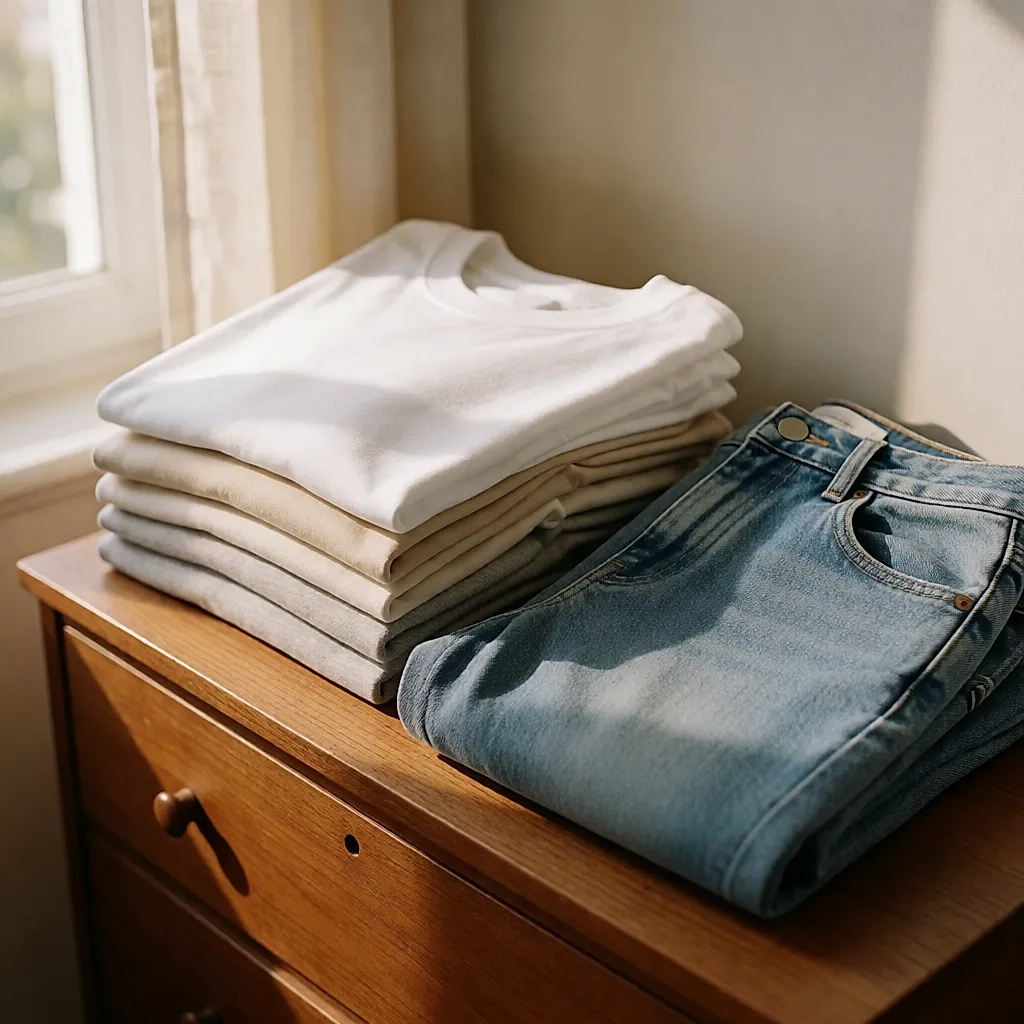 Des basiques bien coupés posés en pile : hauts en coton épais et jean droit taille haute
