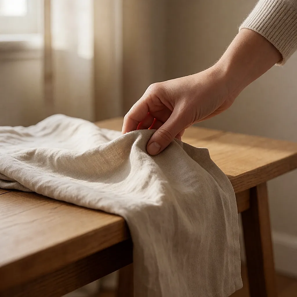 Une main froisse un tissu de lin pour en juger la tenue