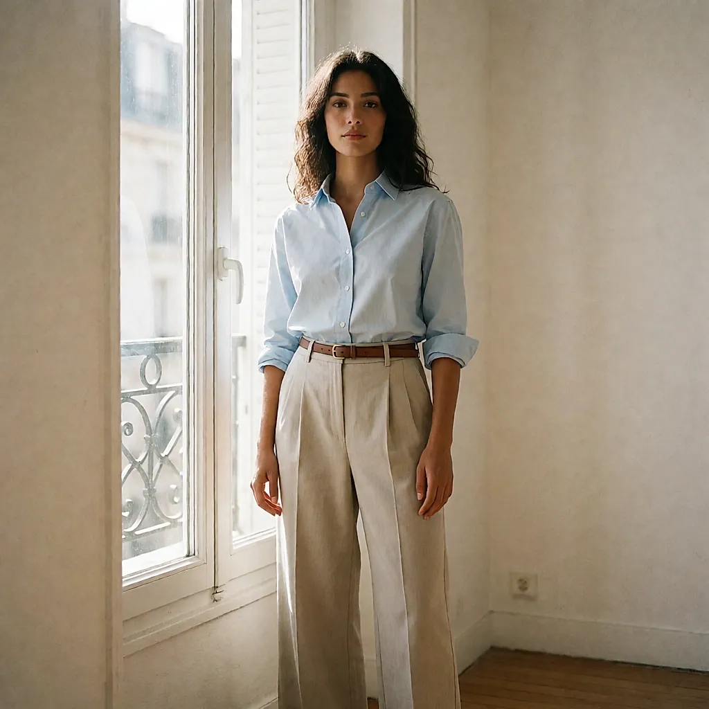 Une femme en chemise de popeline bleu pâle et pantalon large beige, debout près d'une fenêtre