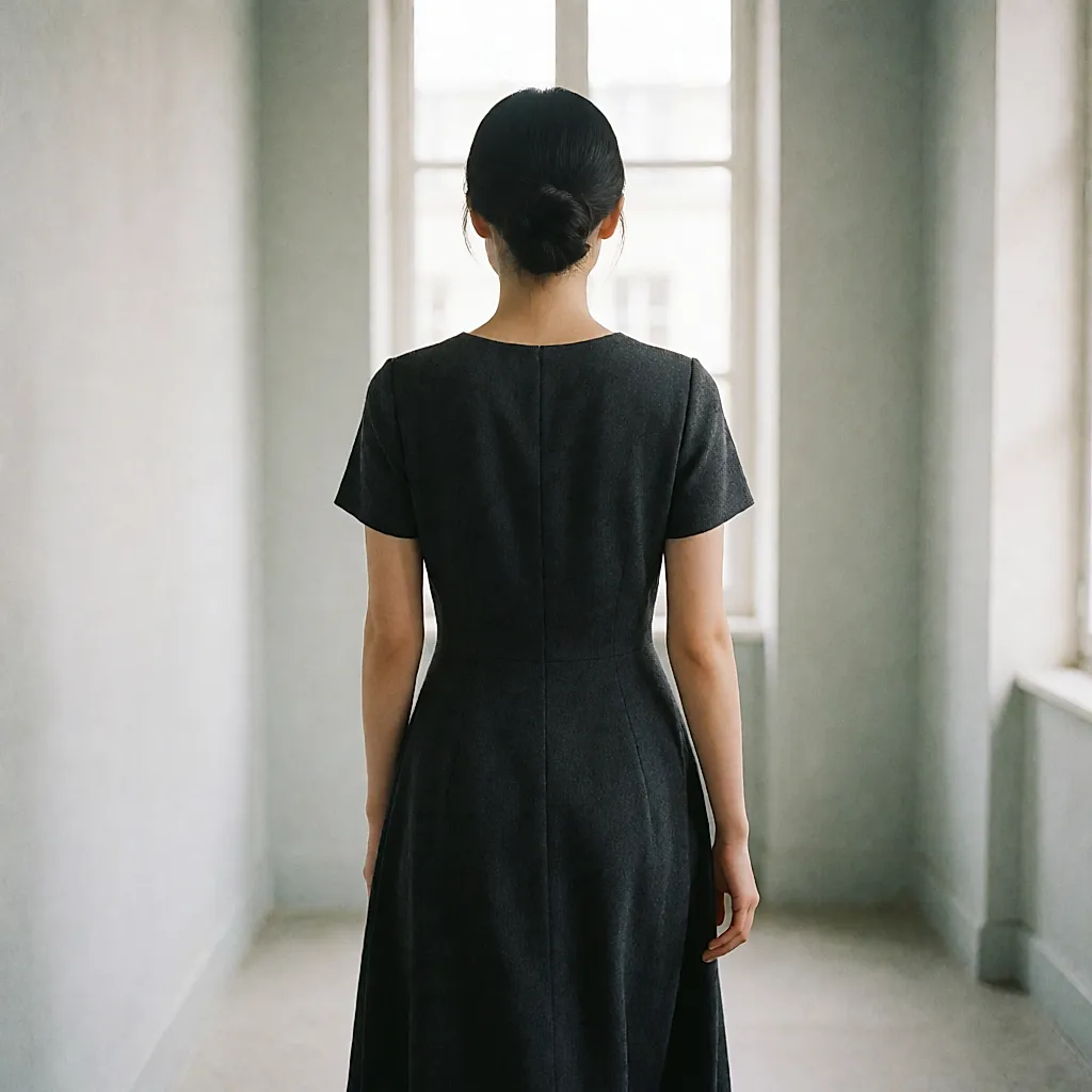 Vue de dos, une femme en robe midi de laine froissée marche vers une fenêtre, chignon bas