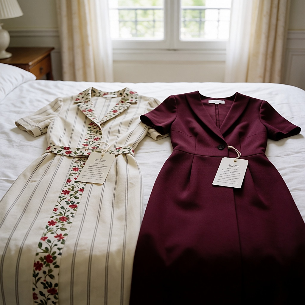 Tres prendas sin estrenar colocadas una junto a otra sobre la cama, con las etiquetas puestas
