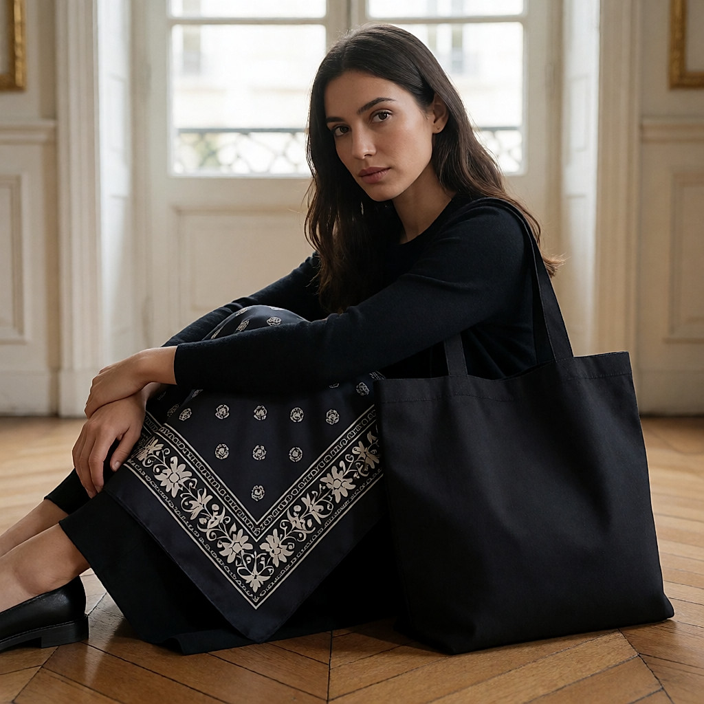 Botas de piel negras, un pañuelo de seda y un tote bag de tela sobre un suelo de madera