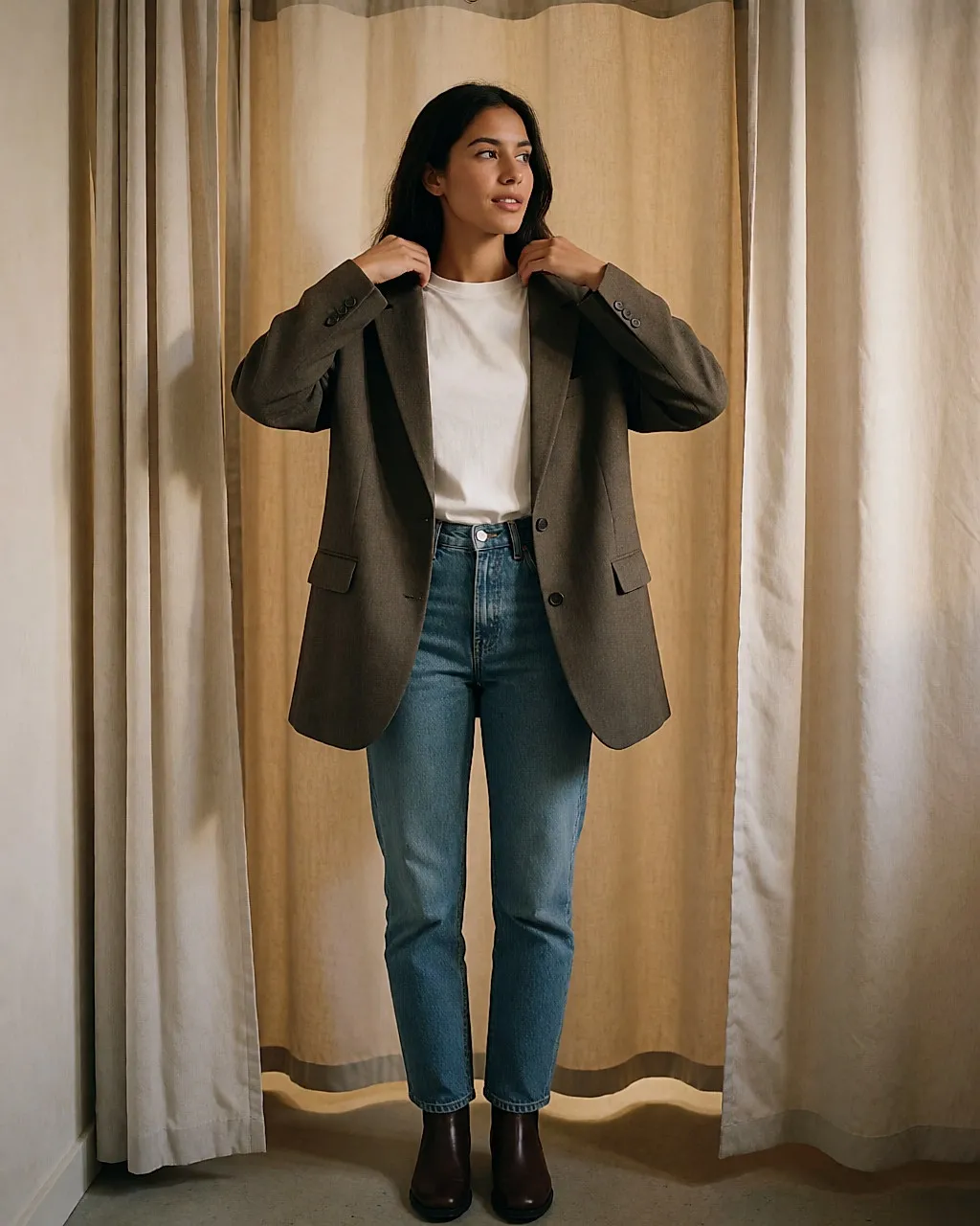 Joven ajustándose un blazer vintage en un probador