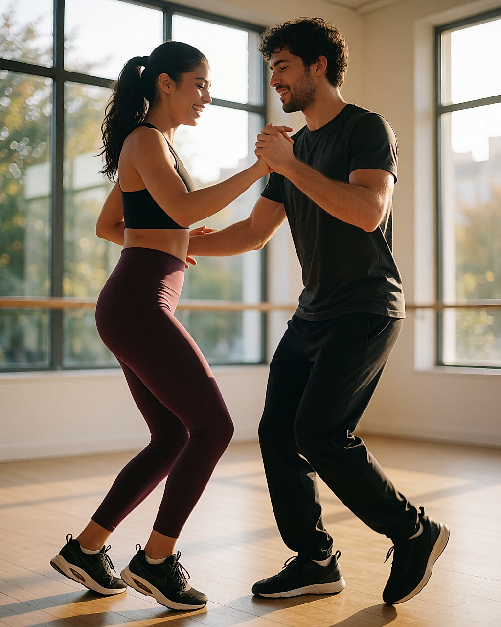 Couple dancing in a bright studio, salsa movement, joyful and relaxed energy