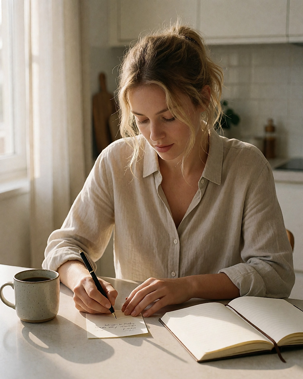 Young blonde woman writing a short note at a kitchen table, mug and notebook, morning light