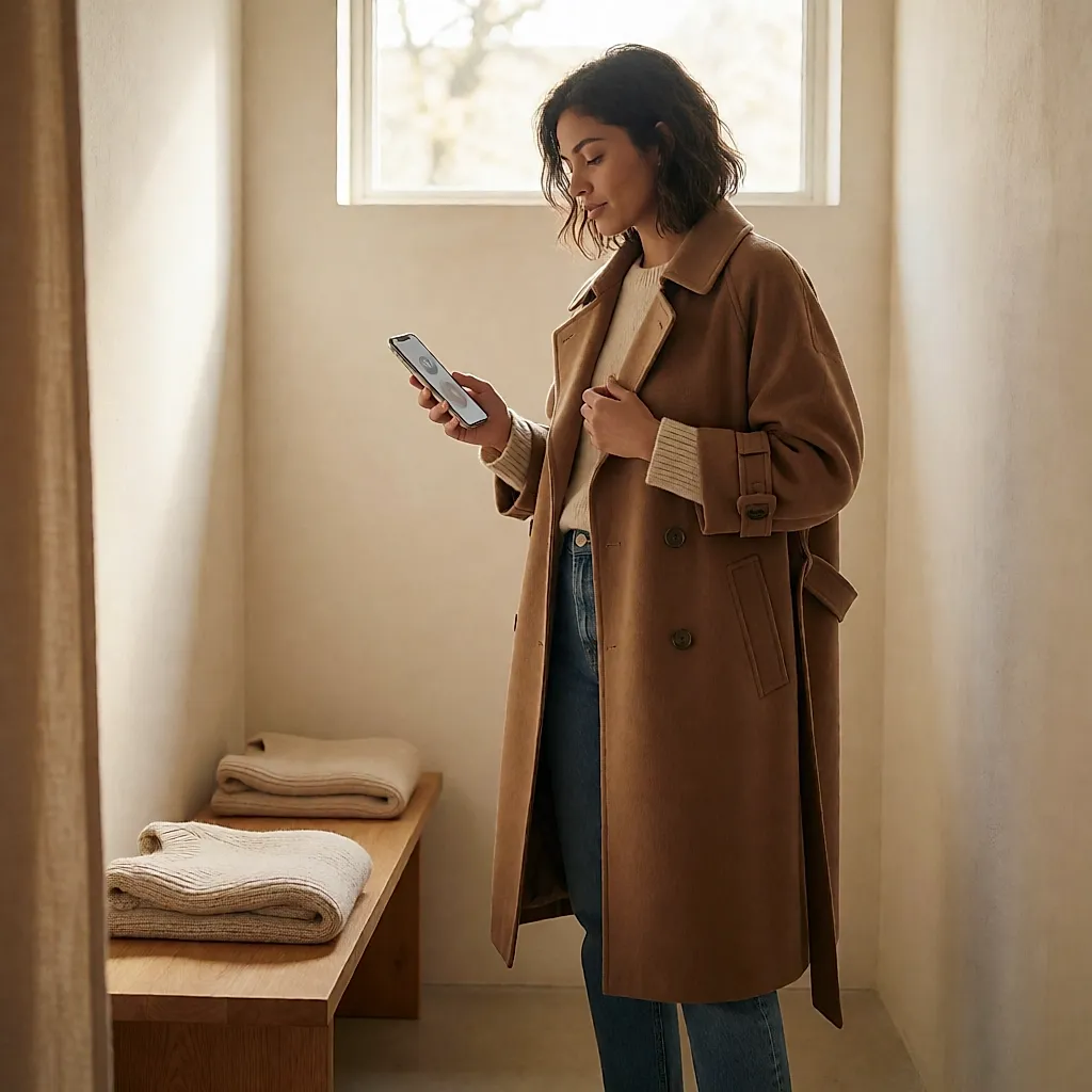 Une femme en cabine ajuste un trench camel en laine, téléphone et compte à rebours en main