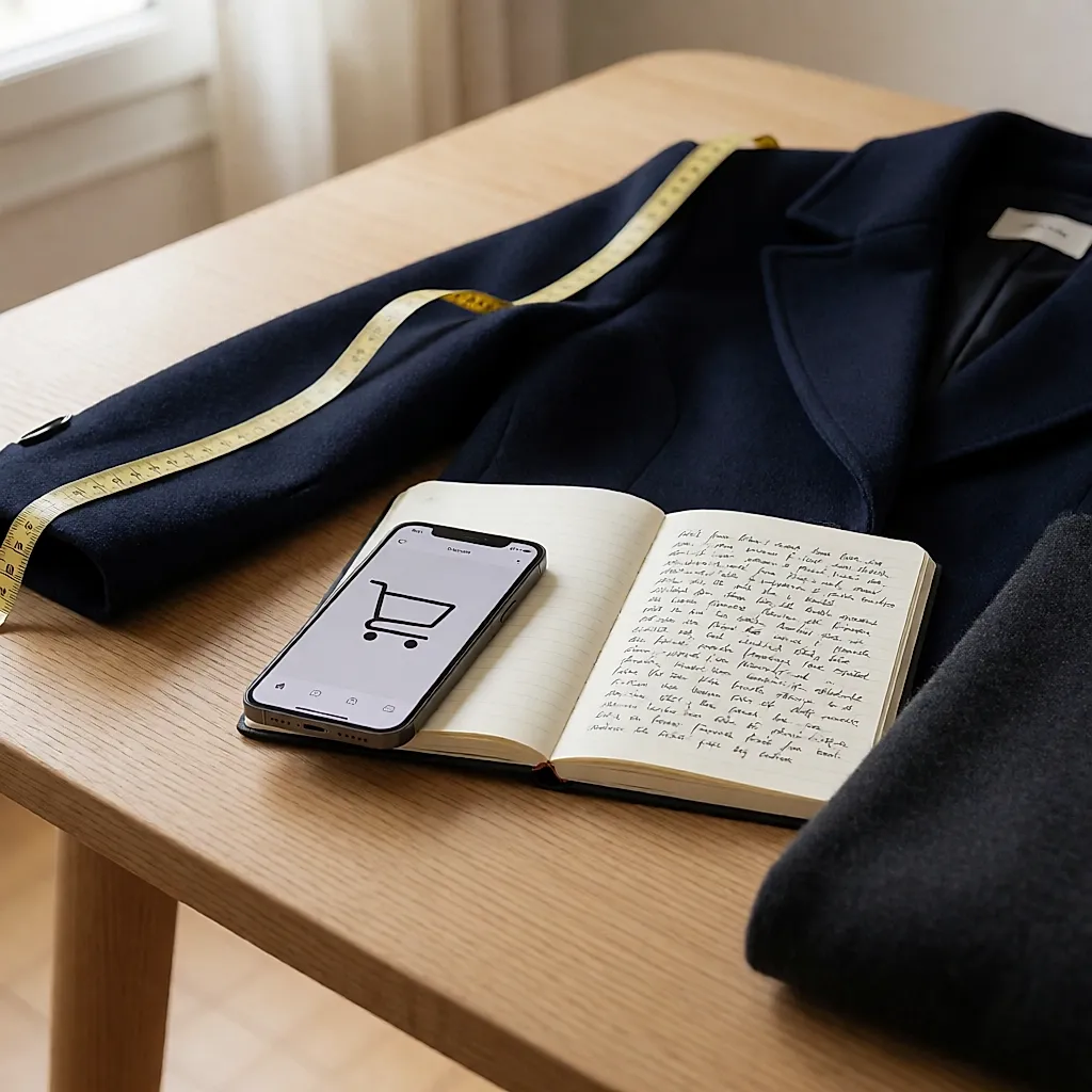 Un manteau de laine bleu marine mesuré au mètre ruban, carnet et téléphone sur la table