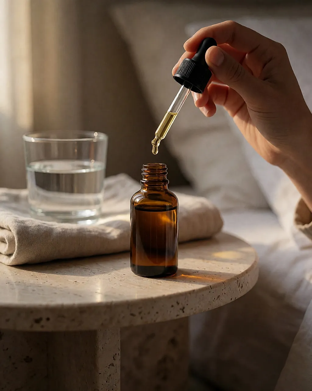 An amber-glass night serum bottle with a pipette and a golden drop, in warm evening light