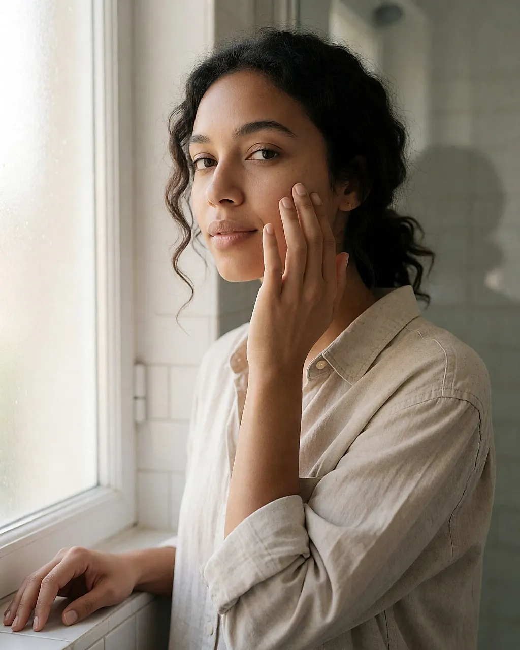 A young mixed-race woman applying daytime fluid to her cheek with her fingertips near a window