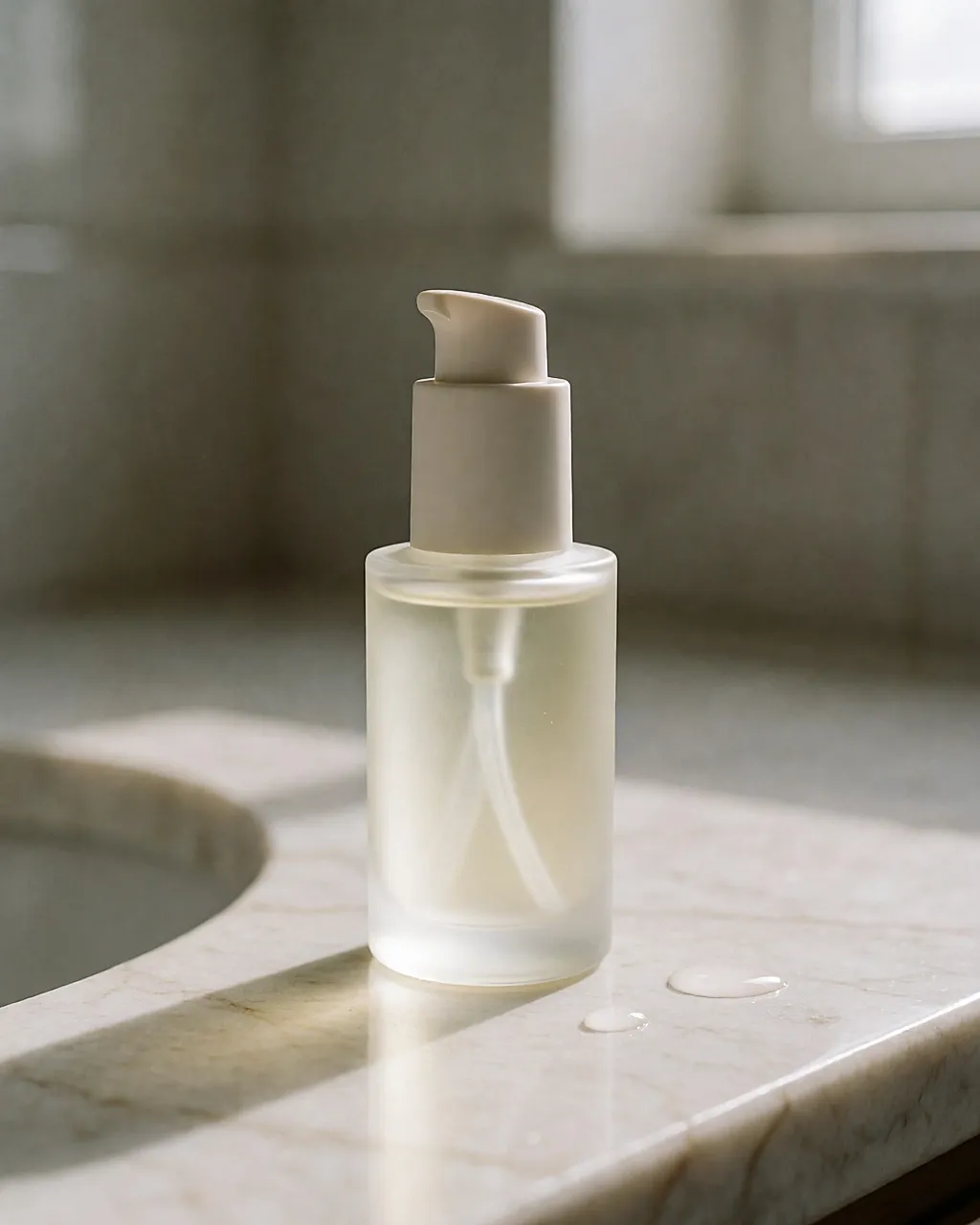A frosted-glass pump bottle of face fluid with an ivory cap, sitting on a pale marble counter