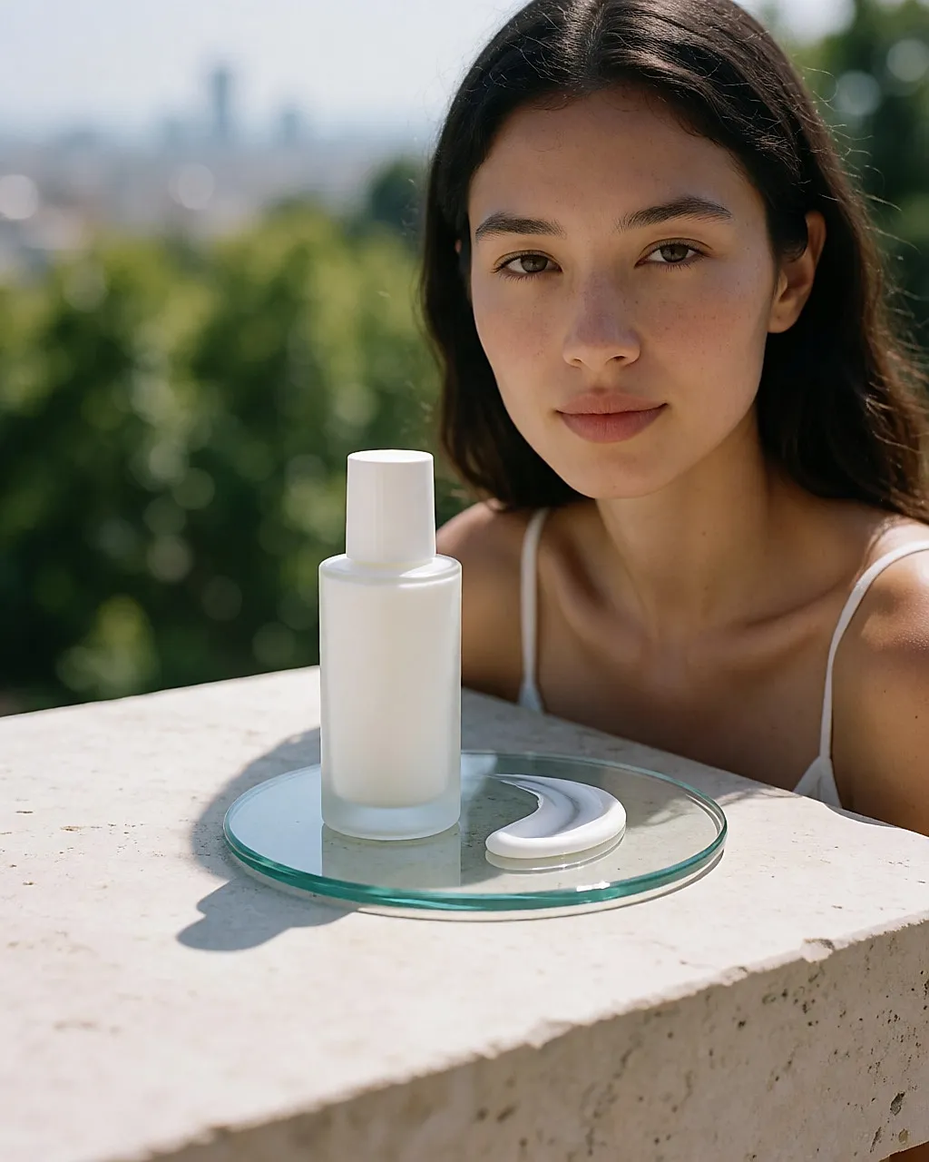 An unbranded daytime protective fluid bottle on a sunlit ledge, with a hint of white texture