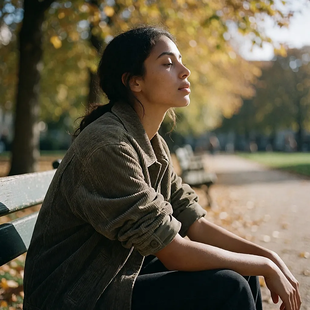 Une femme assise sur un banc, visage et avant-bras exposés au soleil bas de midi
