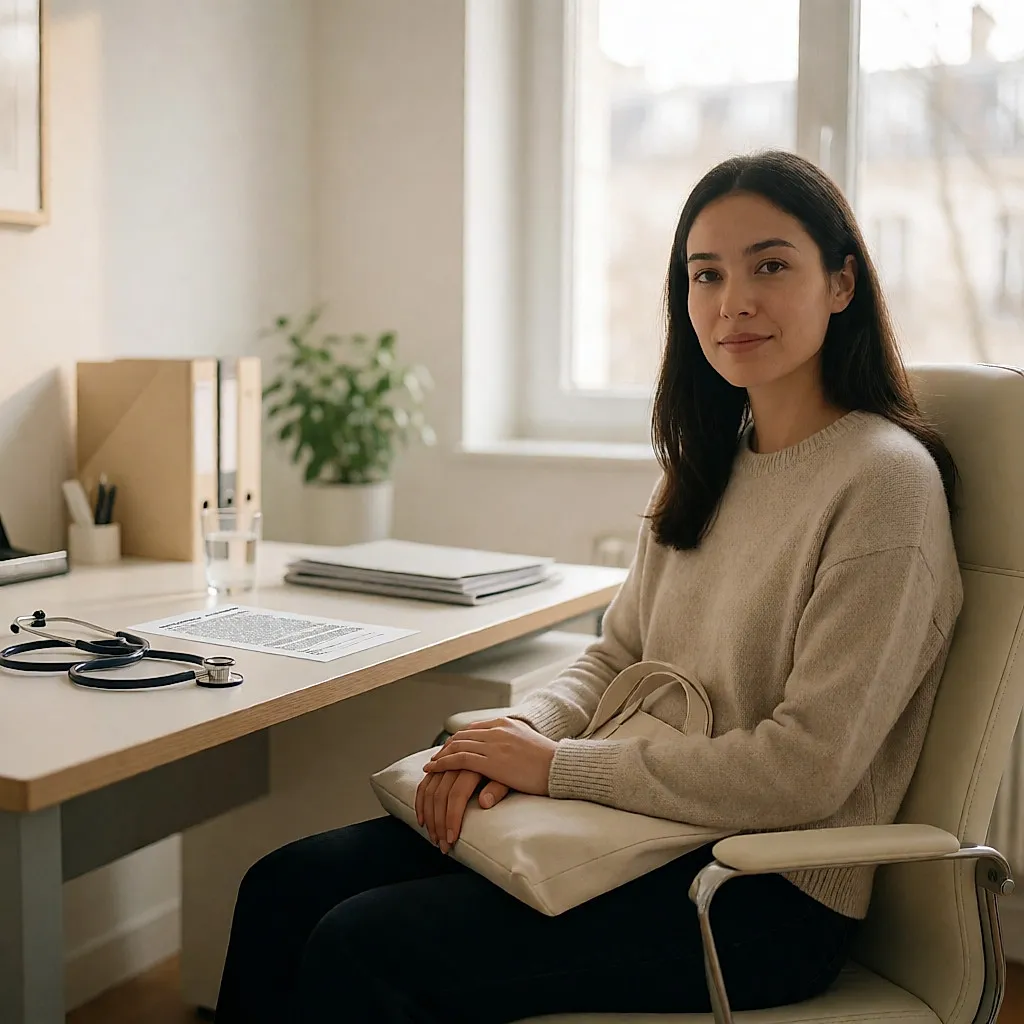 Une patiente assise dans un cabinet médical, un bilan sanguin posé sur le bureau
