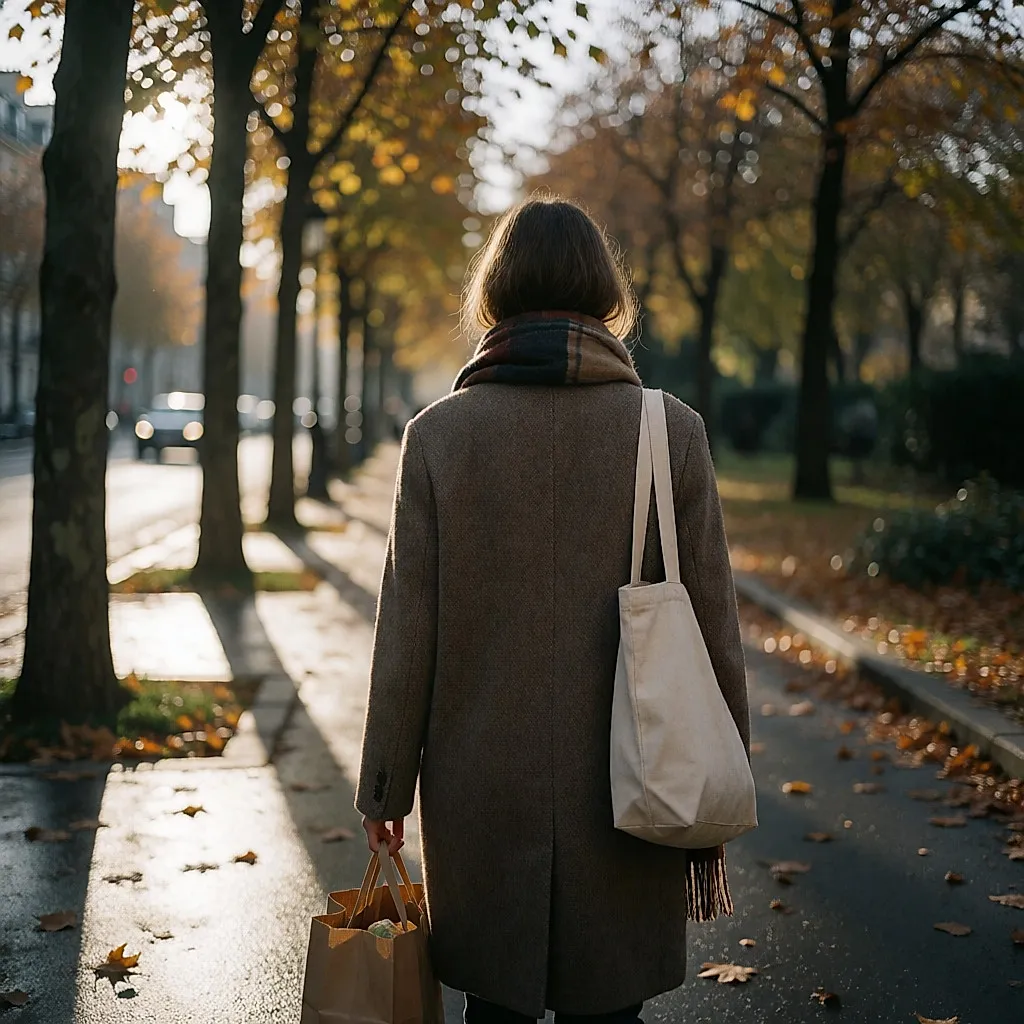 Une femme de dos marchant dans une rue bordée d’arbres en fin d’automne