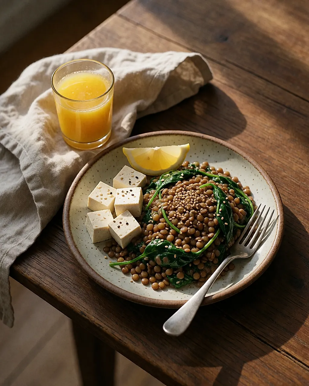 Teller mit Linsen, Spinat und Tofu, dazu Zitrone und Orangensaft