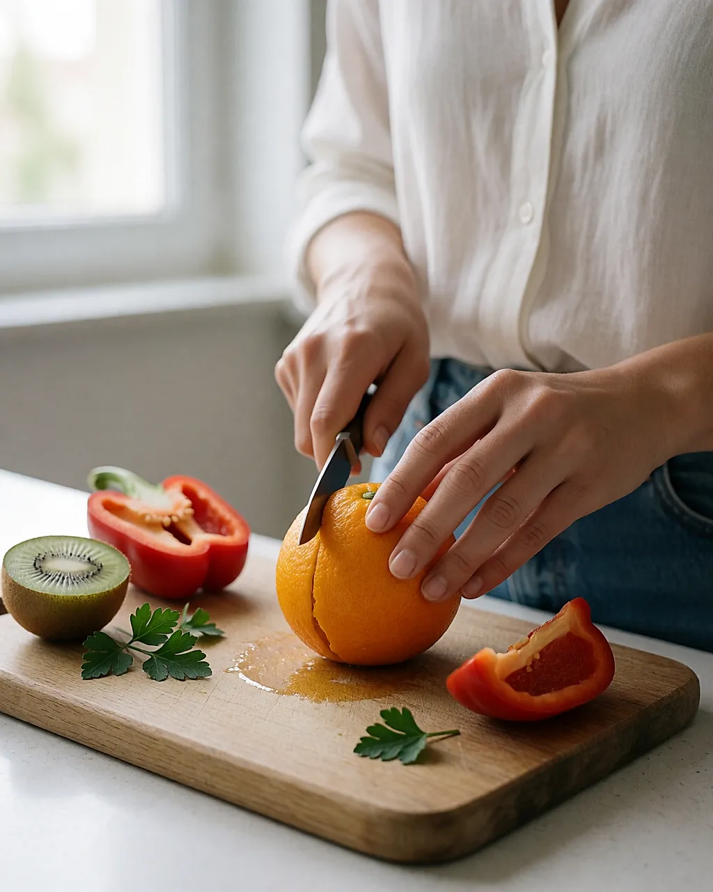 Hände schneiden eine Orange und eine Kiwi auf einem Holzbrett
