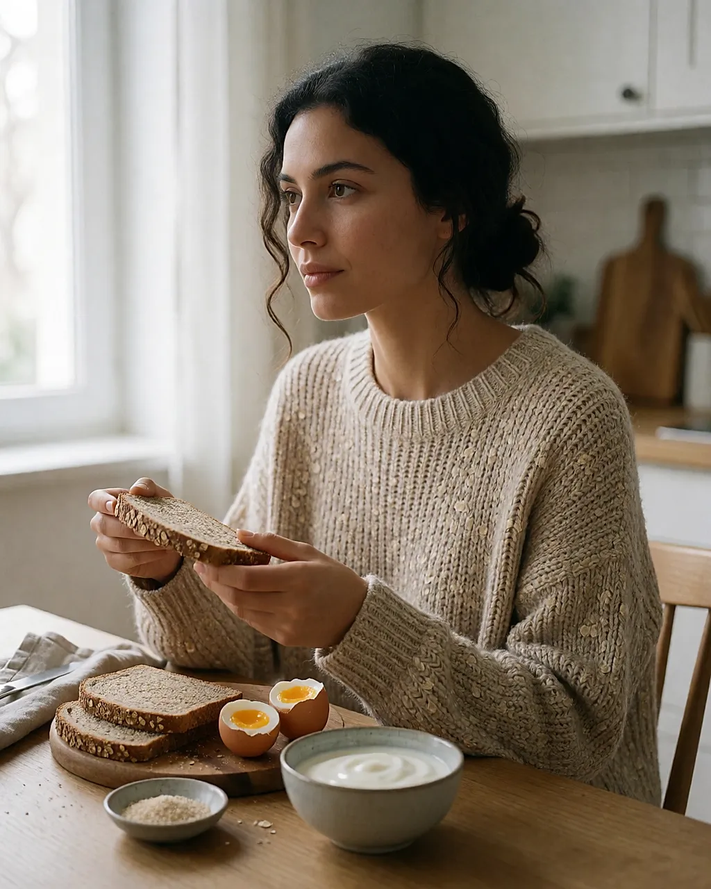 Frühstück mit Vollkornbrot, Eiern, Joghurt und Bierhefe