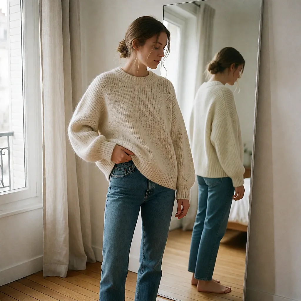 Weiter Strick mit runden Schultern zu einer geraden, schmalen Jeans