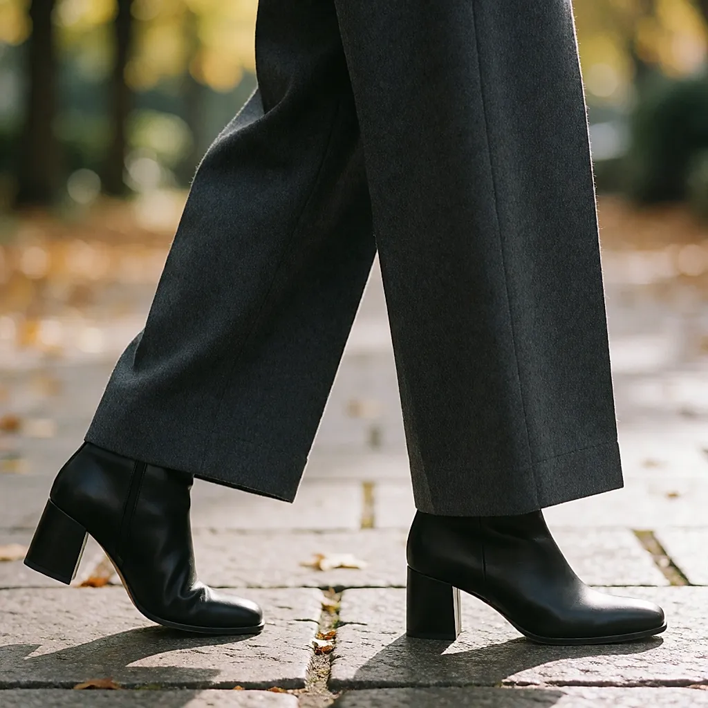Saum einer weiten Wollhose trifft auf einen Stiefel mit Blockabsatz