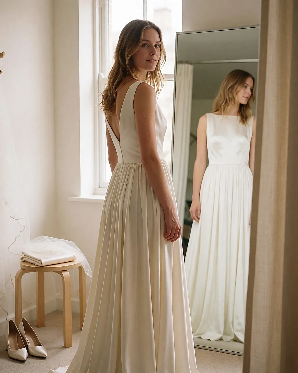 Una futura novia con vestido de seda en un probador, de tres cuartos de espaldas, luz de mañana