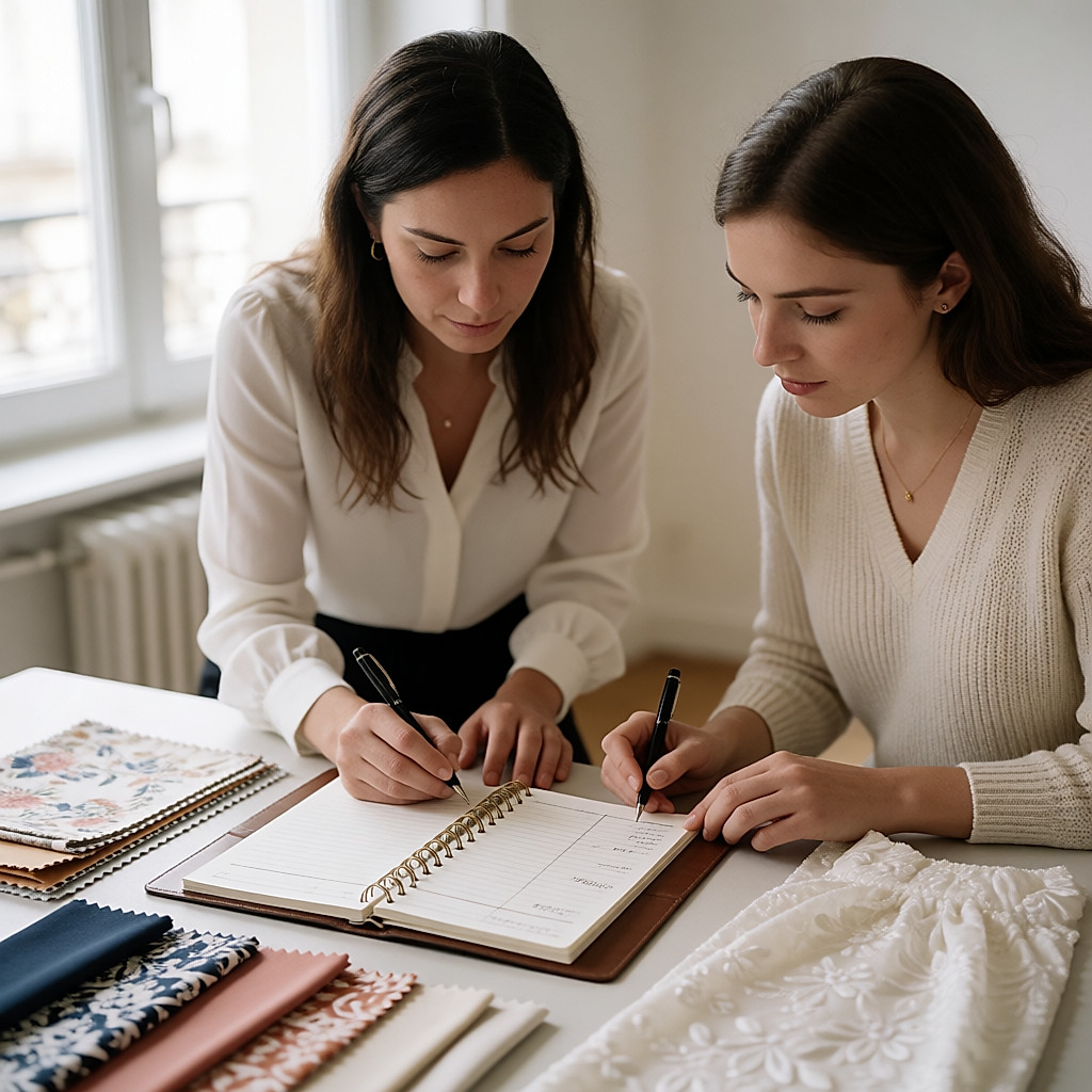 Una wedding planner y una futura novia inclinadas sobre un cronograma y muestras de tejido