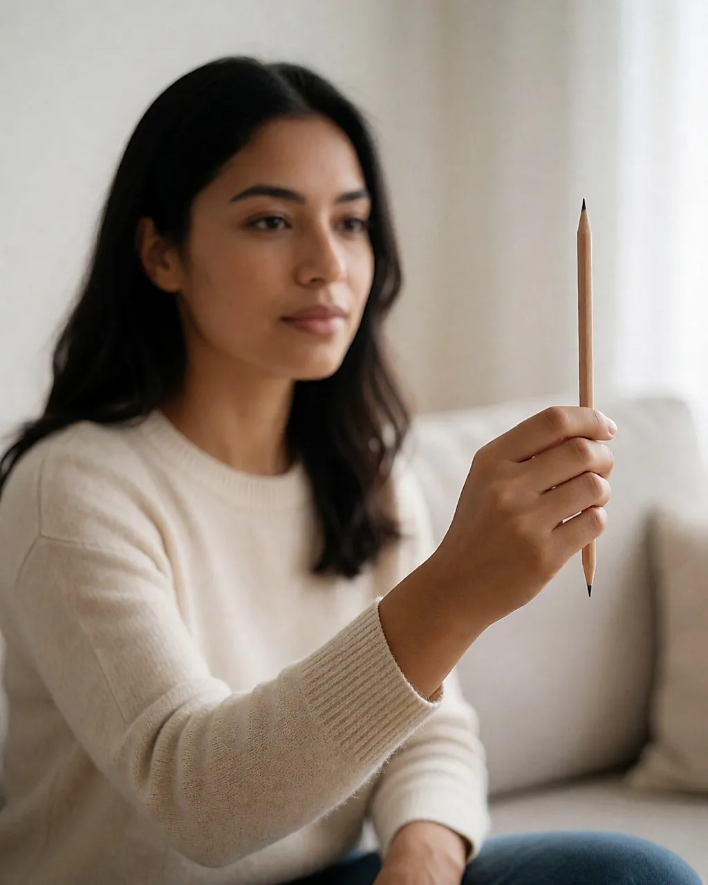 Frau mit ausgestrecktem Arm hält einen Stift, den Blick auf die Spitze gerichtet.