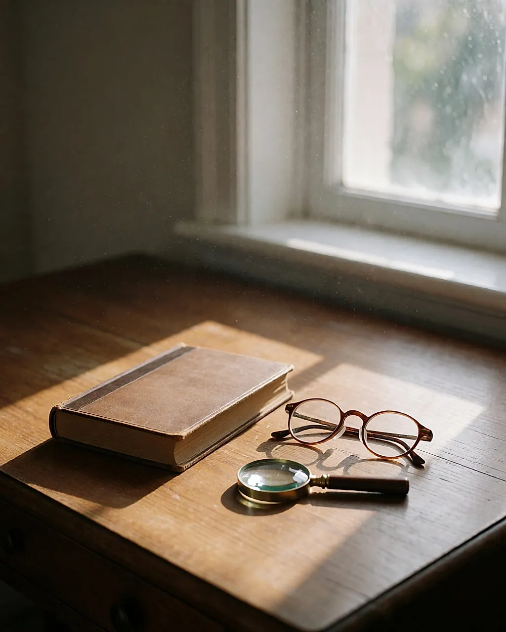Runde Brille mit Metallfassung und ein altes Buch auf einem Holzschreibtisch.