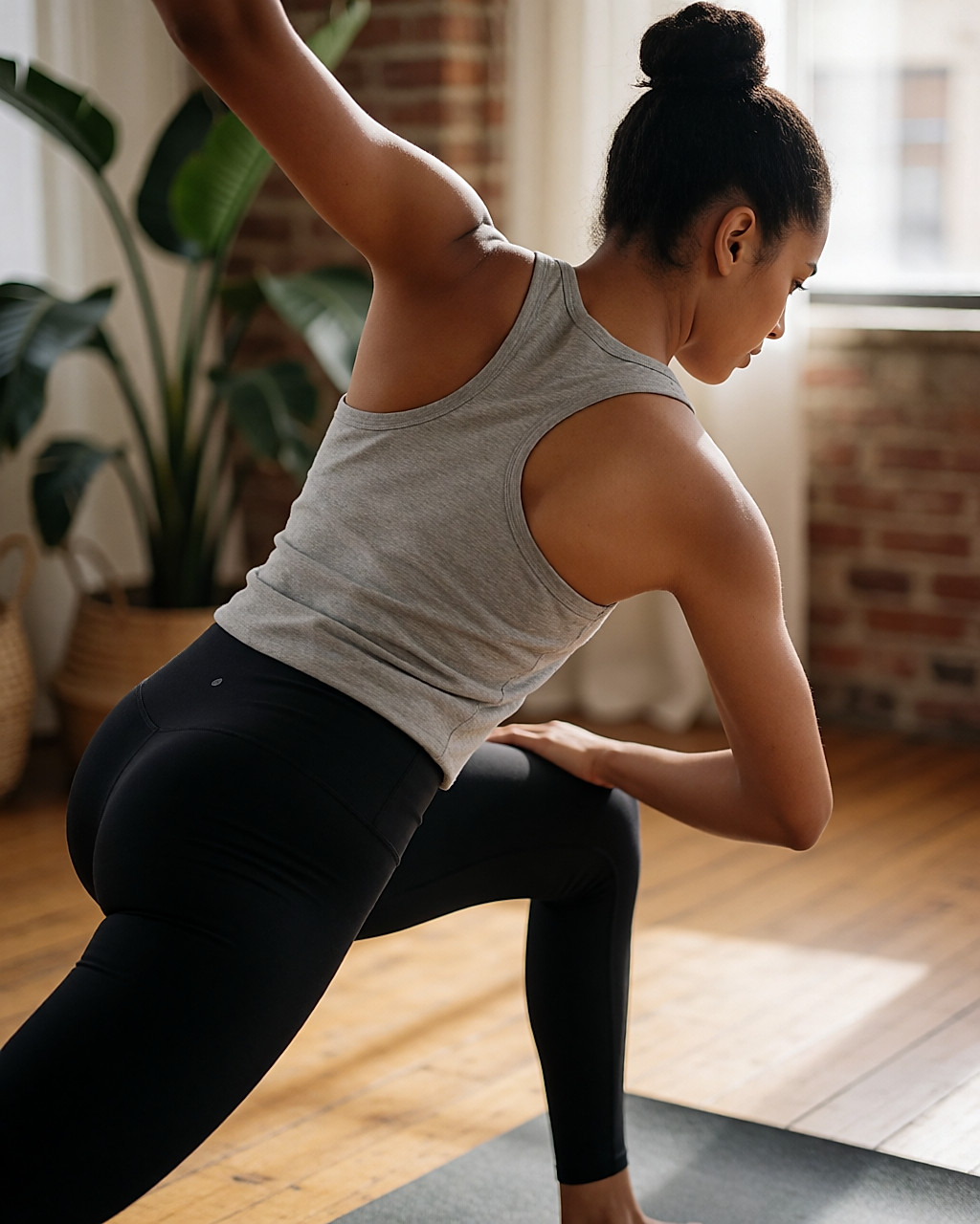 Jeune femme en plein enchaînement dynamique d'ashtanga, transpiration visible sur la peau