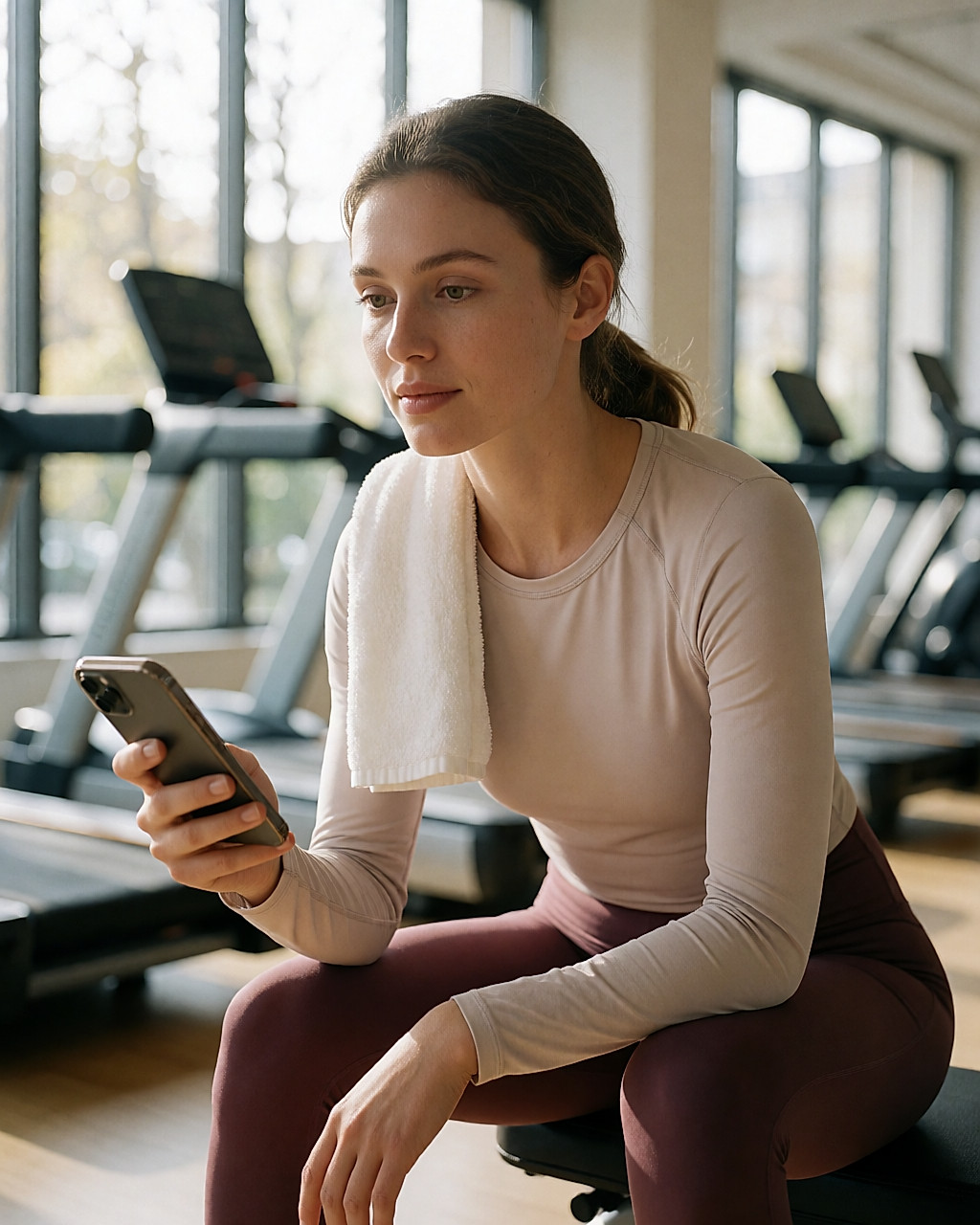 Jeune femme consultant un graphique de zones cardiaques sur son téléphone, serviette sur l'épaule, dans une salle claire