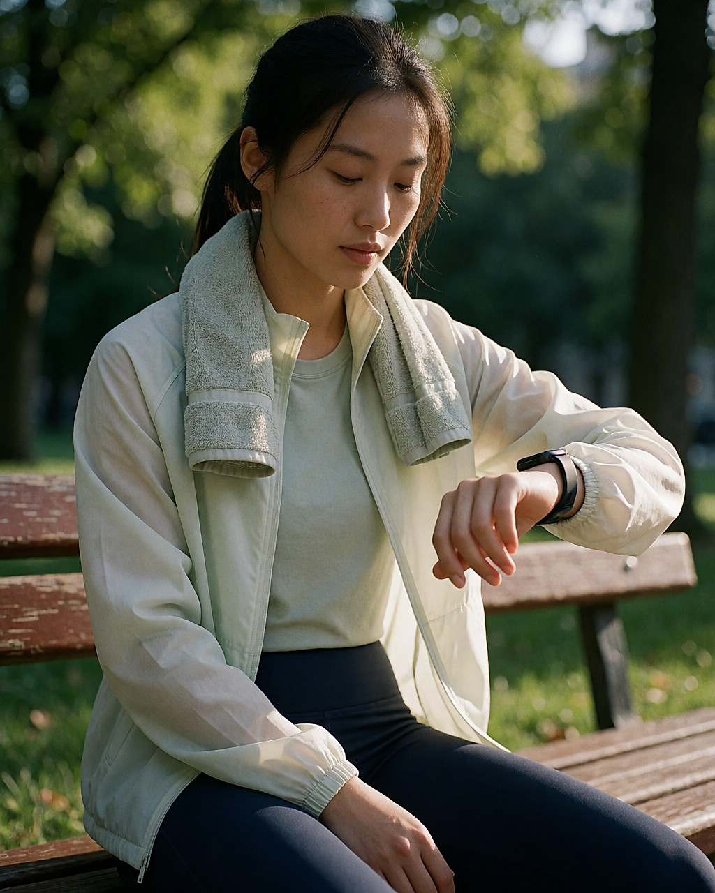 Jeune femme assise sur un banc de parc, regardant la fréquence cardiaque affichée sur sa montre