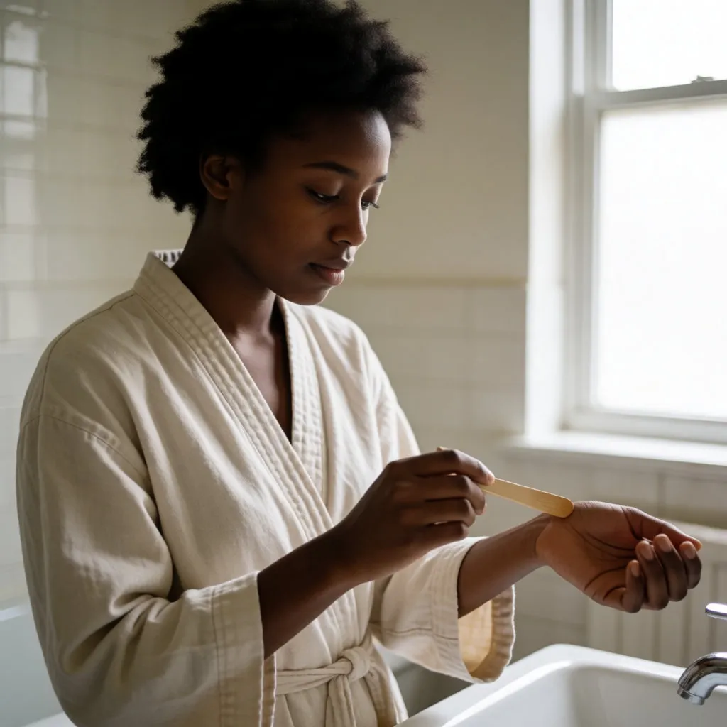 Mujer joven negra en albornoz comprobando la temperatura de la cera en su muñeca en un cuarto de baño