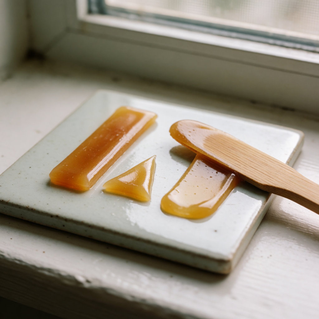 Formes de cire dessinées à la spatule sur une tuile claire : bande, triangle et zone nue